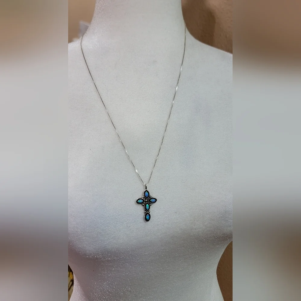 Opal Cross Pendant, Sterling Silver, 24 Inch Chain....925 SS - Picture 2 of 2
